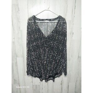Maurices Womens Blouse Plus Size 3 Black Floral Mesh Top 3X Smocked Lined Button